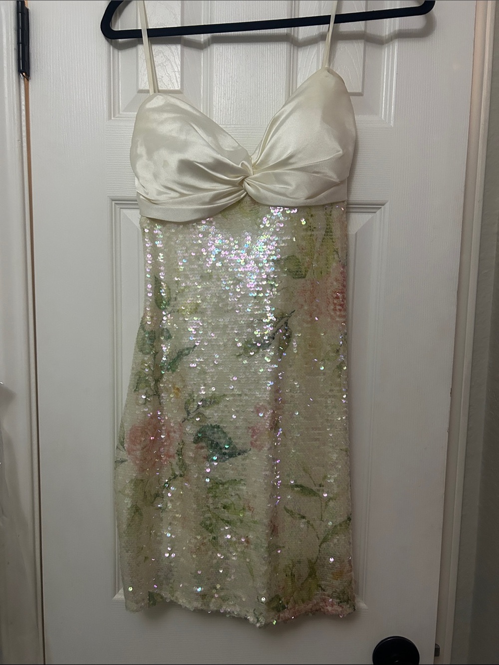 Ivory Floral Sequin Spaghetti-Strap Formal Dress